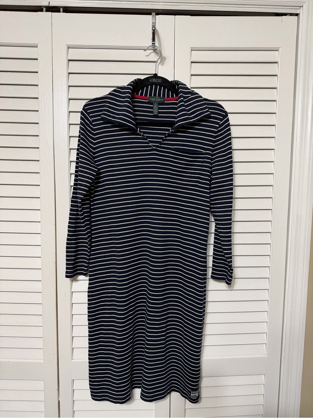 Lauren Ralph Lauren Navy and White Striped Long-Sleeve Collared Dress